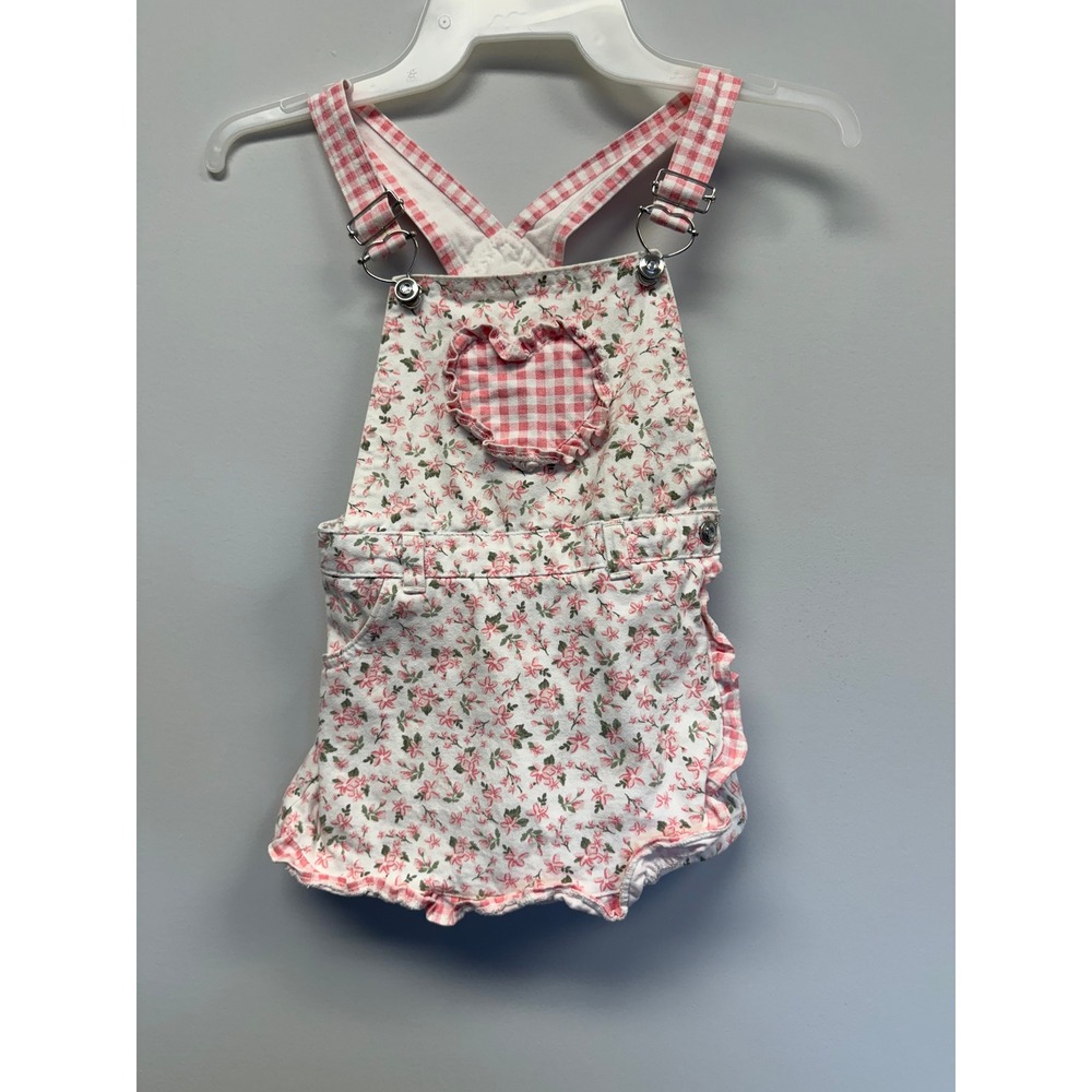 Girls Floral Gingham Heart Pocket Shortalls Pink White Ruffle Overalls Size 4